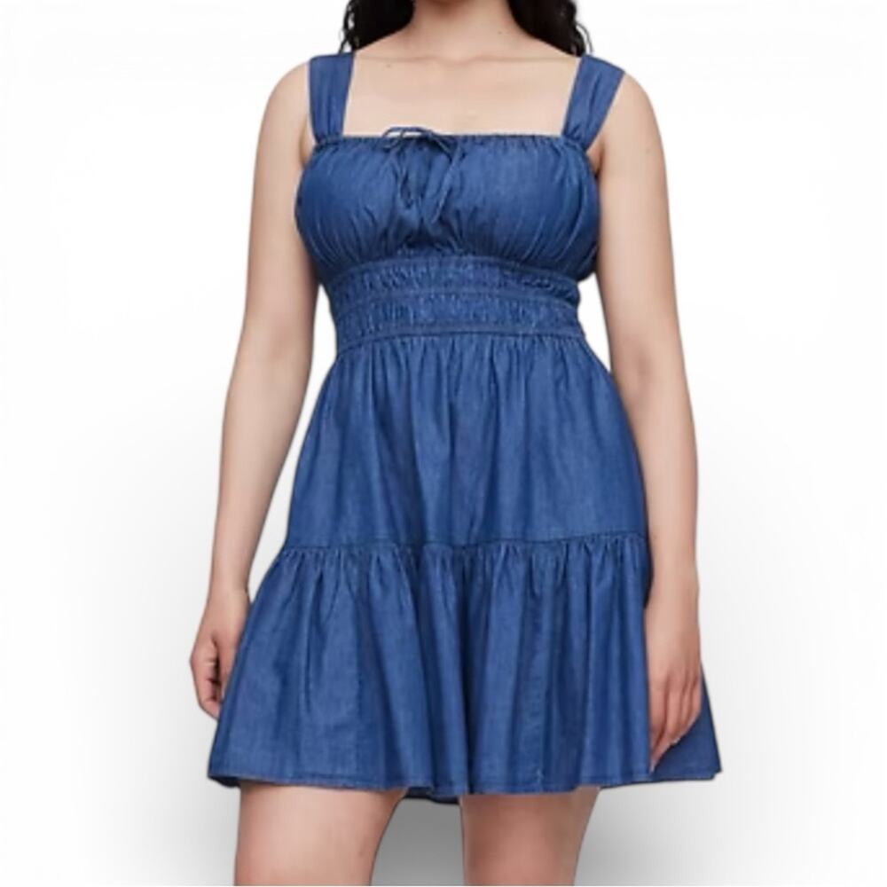 Smocked Milkmaid Mini Dress Tie-Front Tiered XL Blue Denim Festival Boho Gap NWT